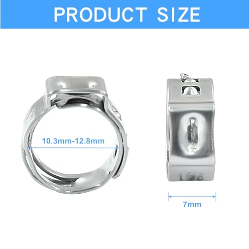 Litoexpe 50 Pcs Single Ear Hose Clamp 10.3mm-12.8mm, Hose Crimp Clamps Ear Crimp Rings, Stainless Steel Pinch Clamp for Securing Pipe Hoses and Automotive - size: 10.3mm-12.8mm