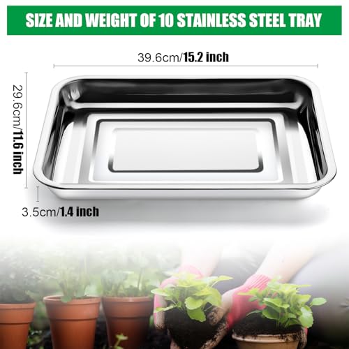 Stainless Metal Trays, Stainless Steel Seed Starter Carry Tray Fit 54 Cell Plug Tray, Nursery Seedling Pots Water Collection Transplantation (11.6 inch×15.2 inch, 1.45" Height, 10-Pack) - size: Middle-10P