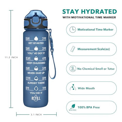 Enerbone 32 oz Water Bottle with Times to Drink and Straw, Motivational Drinking Water Bottles with Carrying Strap, Leakproof BPA & Toxic Free, Ensure You Drink Enough Water for Fitness Gym Outdoor - color: Sapphire