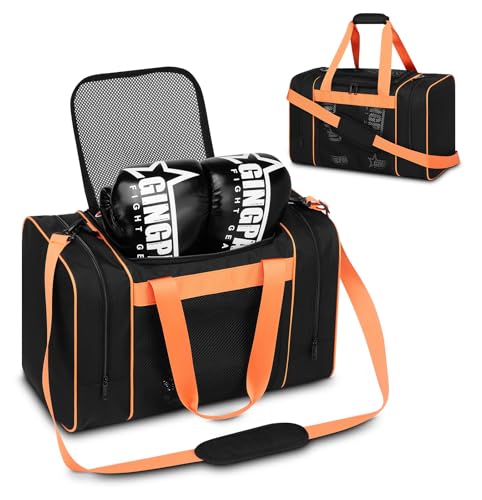 Boxing Gym Duffle Bag, Breathable Mesh Gym Bag for Boxing Gear | Ventilated Design, Wet Pocket, Privacy Pocket, Removable Shoulder Strap | Boxing, MMA, Muay Thai, BJJ & Wrestling Workout Bag - color: Orange