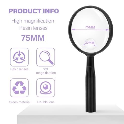 Lakei Magnifying Glass,10X Handheld Reading Magnifying Glass， 75mm Shatter Resistant Lens, Non-Slip Handle, Suitable for Elderly Reading, Adults Close Work, Hobbies and Halloween & Cosplay(Black)