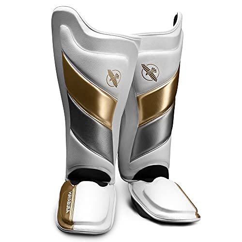 Hayabusa T3 Striking Shinguards - Men and Women | MMA Protection, Muay Thai Kickboxing, Sparring Pads, Martial Arts Gear, Adjustable Straps, Impact Padding, Elastic Fit - color: White/Gold, size: Large
