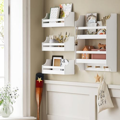 UTEX Floating Nursery Bookshelves, 2-Tier Wall Shelf with 3 Hooks, White