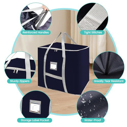 3 Pack 75L Heavy Duty Moving Bags, Large Tote Bags, Space Saving, for Storage & Moving, with Reinforced Handles & Sturdy Zippers (Blue)