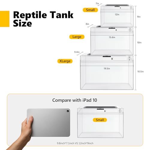 Reptile Polycarbonate Terrarium Kit 7 Piece Starter Habitat for Tarantula,Lizards,Frogs,Geckos,or Hermit Crabs,Tank with Escape-Proof Locking Lid,Light,Hygrometer,Hide,Tweezer,Bowl,Sprayer