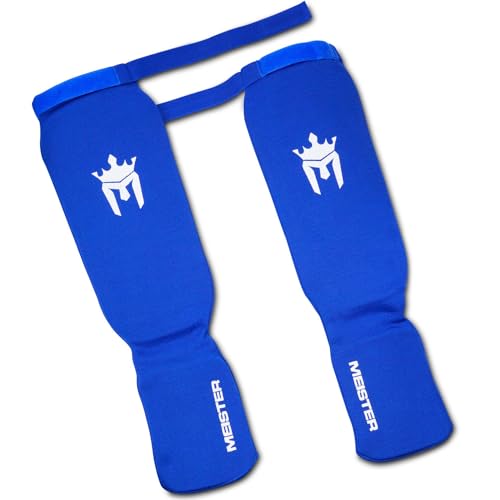 Meister MMA Elastic Cloth Shin & Instep Padded Guards (Pair) - color: Blue, size: Youth/X-Small