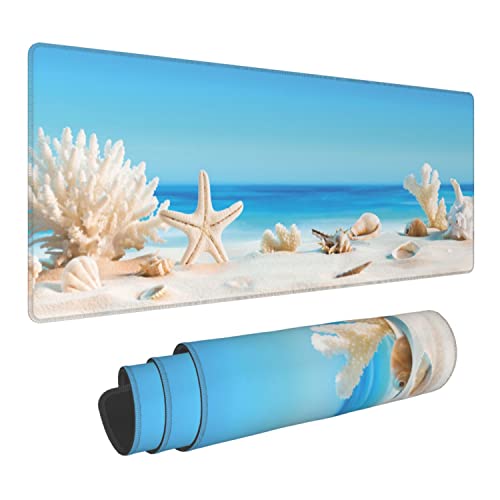 Seashells on Tropical Beach Extended Gaming Mouse Pad Large Desk Mat with Non-Slip Rubber Base and Stitched Edges,Keyboard Mouse Mat Desk Pad for Work,Game,Office,Home 35.4 * 15.7 Inch