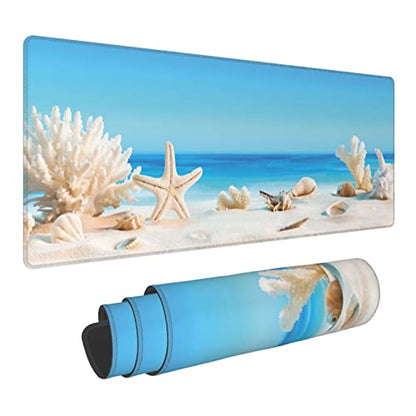 Seashells on Tropical Beach Extended Gaming Mouse Pad Large Desk Mat with Non-Slip Rubber Base and Stitched Edges,Keyboard Mouse Mat Desk Pad for Work,Game,Office,Home 35.4 * 15.7 Inch