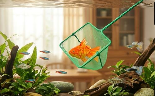 Aquarium Fish Net, Green, 6in & 8in | Fine Nylon Mesh, Long Plastic Handle, For Fish Tank