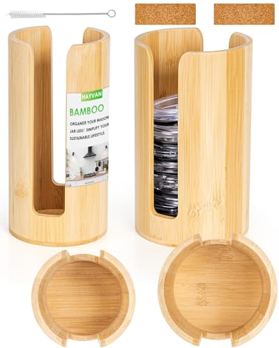 HAYVAN 2 Pack Mason Jar Lid Organizer - Bamboo Canning & Tumbler Lid Holder, Vertical Space Saving Storage for Kitchen & Home, Includes Brush & Stickers