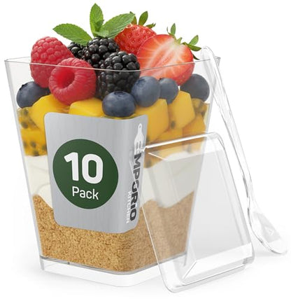 Plastic Dessert Cups with Lids and Spoons (10 Pack) – Single-Serve Parfait & Appetizer Cups, Spill-Resistant, Heavy-Duty Design, Ready-to-Use for Parties, Catering & Special Events BPA-Free - size: 10 Pack