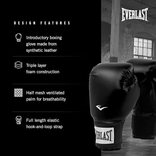 Everlast Prostyle 2 Boxing Gloves, Entry Level Training Gloves for Men and Women, Secure Fit Hook and Loop Closure & Ventilation, Heavy Bag & Speedbag Training - color: Black, size: 12 oz