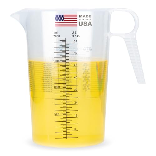 Half Gallon 64oz (2 quart) Measure Pitcher- Conversion Chart-Strong Food Grade - Resistant to Chemicals- Great for Lawn, Pool & Spa, Ag, Home Hobbies, Lye, Cooking, Shop Motor Oil Fluids Made In USA