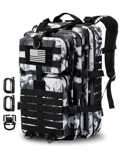 Hannibal Tactical MOLLE Assault Backpack, Tactical Backpack Military Army Camping Rucksack - color: Black/White Camo