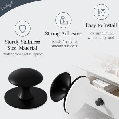 Adhesive Cabinet Knobs 4pcs Black Self-Stick Knobs Drill Free Dresser Drawer Pulls Stainless Steel Stick On Handles for Medicine Cabinets Drawer Cupboards Glass Sliding Door Terrarium Lid