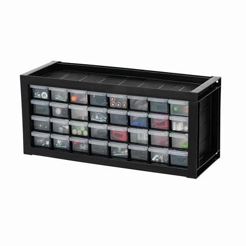 IRIS USA 32-Drawer Tool Organizer, Made in USA, Teacher Toolbox, Small Parts Plastic Storage Drawers for Screws, Hardware, Bead, Diamond Arts, Stackable Garage Storage Cabinet, Black