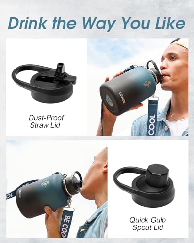 Coolflask Half Gallon Water Bottle Insulated Stainless Steel with Strap - color: Blue, size: 64 Ounces