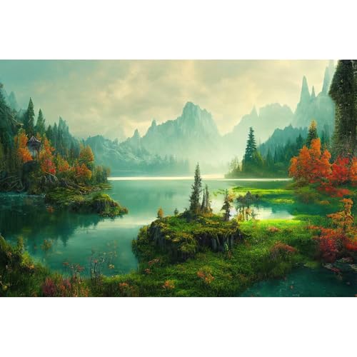 Autumn Landscape Aquarium Background Jungle Plants Rainforest Fish Tank Background Foggy Misty Mountains Terrarium Background Tranquil Lake Natural Scenery Aquarium Backdrops Vinyl 24x12in - color: Green_Purple, size: 24(W)x12(H)in