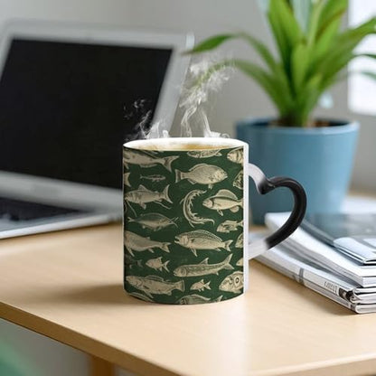 Retro Fish Color Changing Mug Heat Sensitive Coffee Mug Magical Ceramic Coffee Cup Personalized Tea Cup Message Appears As It Heats Novelty Gift for Family Friend