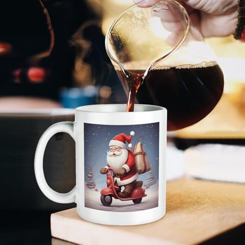 11oz White Ceramic Coffee Mug Funny Santa Claus on Scooter Tea Cup Microwave & Dishwasher Safe, Lead-Free for Home Office Daily Use & Gifting - color: santa claus on scooter