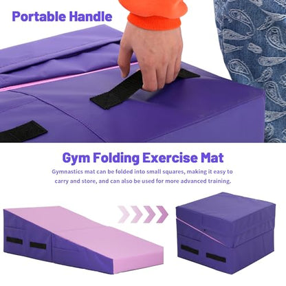 MKDLUFEI Gymnastics Mat 48"x24"x14" Incline Tumbling Mat Cheese Wedge Yoga Mat with Handles Gym Folding Exercise Mat for Kids Adults Outdoor/Indoor Home Training - color: Pink