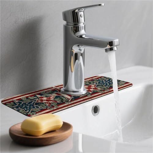 Kitchen Sink Splash Guard，Vintage American star-1 Faucet Mat Sink Gadgets-Super Absorbent Fast Drying Mat Drip Catcher for Kitchen, Bathroom,Sink Mat, Dish Drying Mat, Bathroom(15" X 5.5" )