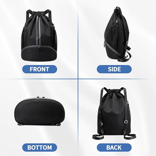 JELUTAR Drawstring Backpack Gym Bag with Shoes Compartment, Black - color: Black, size: Large
