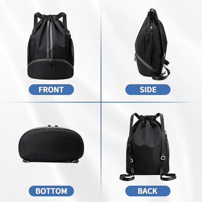 JELUTAR Drawstring Backpack Gym Bag with Shoes Compartment, Black - color: Black, size: Large