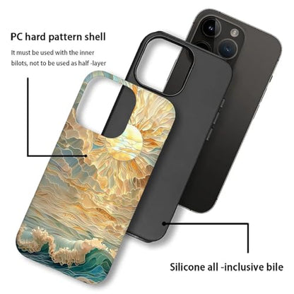 ZHEGAILIAN Case for iPhone 16 Pro Max,Ocean Waves Sun Rays Stained Glass for 2 in 1 Hard Shell + Soft Silicone,Shockproof Bumper Drop Protective Case for iPhone 16 Pro Max