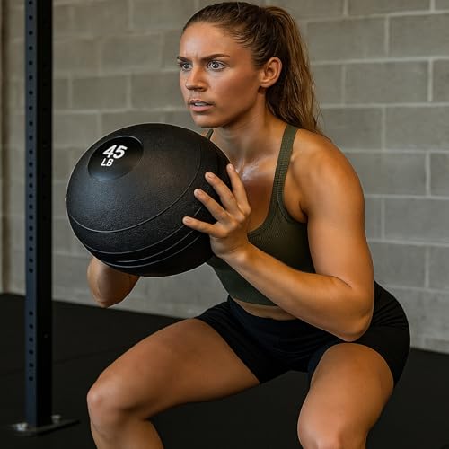 York Barbell 10LB Rubber Slam-Ball – Dead Weight with Textured Surface – Minimal Bounce Absorbs Impact – Pilates Yoga Strength Training Physical Therapy Cardio Exercises for Full Body Workout - Black