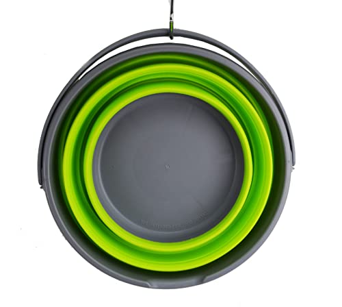 SAMMART 10L (2.6 Gallon) Collapsible Plastic Bucket - Foldable Round Tub - Portable Fishing Water Pail - Space Saving Outdoor Waterpot, Size 33cm Dia (Dark Grey/Fluorescent Green (Set of 2))