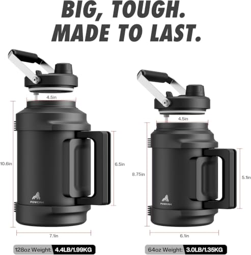 POWCAN 128 oz Insulated Water Bottle: 2-in-1 Straw Spout Lid, Dual Handle, Leakproof, Keep Cold 48H, Gallon Stainless Steel Water Jug for Camping, Travel, Gym, Hydration, Fitness, Daily (King) - color: King, size: 128 Ounces