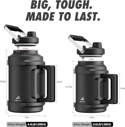 POWCAN 128 oz Insulated Water Bottle: 2-in-1 Straw Spout Lid, Dual Handle, Leakproof, Keep Cold 48H, Gallon Stainless Steel Water Jug for Camping, Travel, Gym, Hydration, Fitness, Daily (King) - color: King, size: 128 Ounces