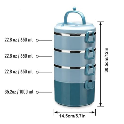 4 Tier Stackable Stainless Steel Lunch Box Sealed(blue, 4 layers) with spoon and fork - color: Blue, size: 4 layers