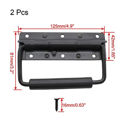 Piutouyar 4.9 Inch Spring Loaded Handle, Heavy Duty Handle Surface Mount, Folding Handle with Rubber Grip for Toolbox, Boxes,Black(2Pcs)