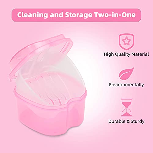Dental Orthodontic Retainer Container Cleaning Case,Denture Bath Box Case Cup Holder, Mouthguard Storage Soaking Case - Pink - color: Transparent Pink