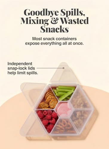 melii Hexagonal Snackle Box | 6 Compartment Snack Container with Individual Snap-Lock Lids, Easy-Grip Design for Kids & Adults, Portion-Control Food Storage for Lunch, Travel & On-the-Go (Pink)