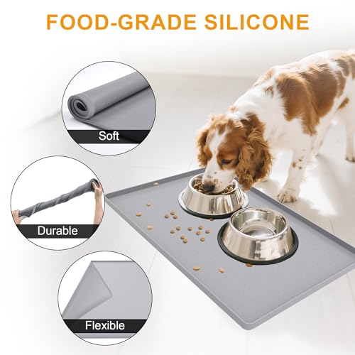 Pet Food Mat Waterproof Dog Mat 24”x16” Large – 0.5” inch Raised Edge,Pet Silicone Feeding Placemat Water Bowl Tray for Floors, Nonslip Washable Dog Mat for Food and Water