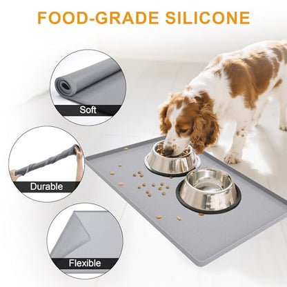 Pet Food Mat Waterproof Dog Mat 24”x16” Large – 0.5” inch Raised Edge,Pet Silicone Feeding Placemat Water Bowl Tray for Floors, Nonslip Washable Dog Mat for Food and Water