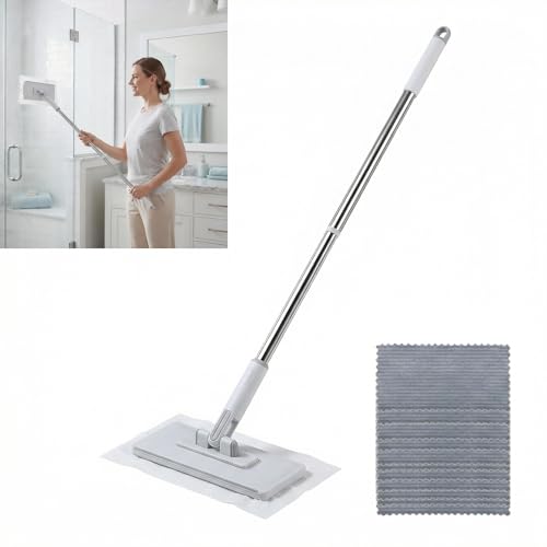FaceTowel Mini Mop Kit – 30" Auto-Clamp Mop for Facial Towels, No-Touch Eject, 360° Swivel, for Fish Tanks, Windows, Walls & Ceilings, Includes 10 Reusable Pads