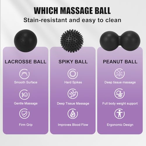 3-in-1 Massage Ball Set, Peanut Ball, Spiky, Lacrosse for Plantar Fasciitis | Includes peanut, spiky & lacrosse balls. For yoga, myofascial release, deep tissue massage, back neck shoulder pain relief.