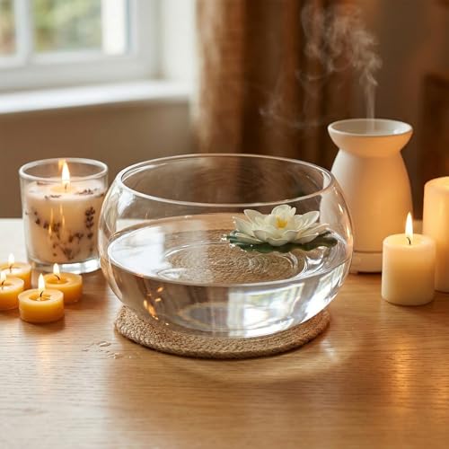10'' Lotus Bowl Planter - Large Clear Glass Lily Flower Hydroponic Fish Tank with Braided Mat, Indoor Succulent Aquatic Plant Bonsai Terrarium Table Centerpiece Pot, No Drainage Hole Floral Round Vase