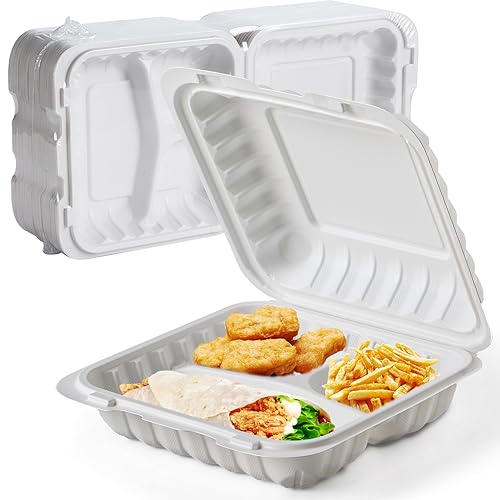 Food Containers 8" 34 oz 55 Pack - Shrink Wrapped Ready to Use | 3 Compartment Mineral Filled PP Clamshell | Microwave & Freezer Safe | BPA Free White To Go Boxes for Meal Prep & Leftovers - size: 8 inch 34 oz with 3 compartment