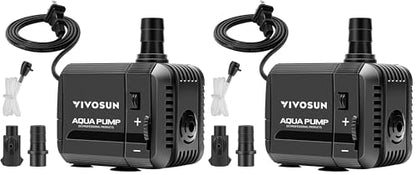 VIVOSUN 210GPH Submersible Pump(800L/H, 8W), Ultra Quiet Water Pump with 3.3ft High Lift, with 5ft Power Cord, 2 Nozzles for Fish Tank, Pond, Aquarium, Statuary, Hydroponics Black (Pack of 2) - size: 210GPH (Pack of 2)