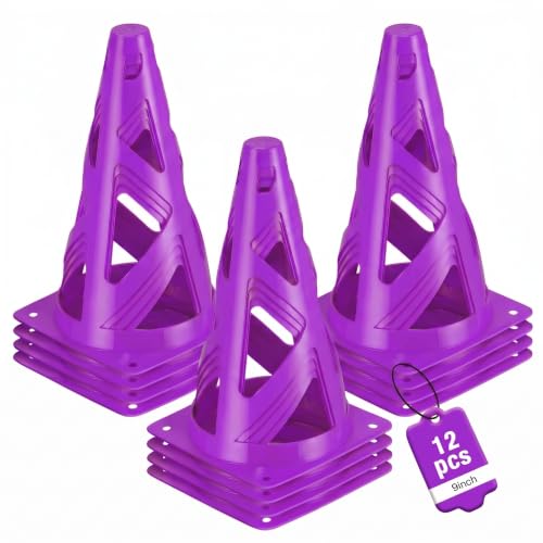 12 Pack Soccer Cones, 9 Inch Agility Cones for Soccer, Football, Basketball, Cones for Sports Training, Speed & Agility Drills, Field Marking Equipment - color: purple