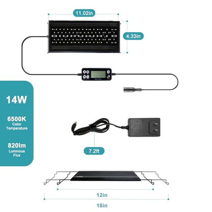 Auto On Off LED Aquarium Light, Full Spectrum Fish Tank Light with LCD Monitor, 24/7 Lighting Cycle, Adjustable Timer, 7 Colors, 10 Level Dimmable, IP68 Waterproof, 3 Modes for 12 to 18 Inch Fish Tank
