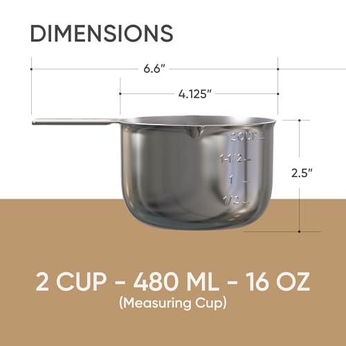 2 Cup Measuring Cup (480ml, 16oz) – Chrome Stainless Steel Measure Scoop with Easy-Pour Spouts, Flat Base, by Color Up - size: 2 Cup (480 ml) Chrome