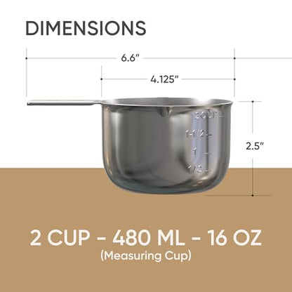 2 Cup Measuring Cup (480ml, 16oz) – Chrome Stainless Steel Measure Scoop with Easy-Pour Spouts, Flat Base, by Color Up - size: 2 Cup (480 ml) Chrome