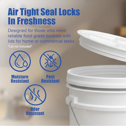 5 Gallon Bucket - Food Grade Bucket, Metal Handle Grip, BPA-Free, Heavy-Duty 90 Mil HDPE Plastic Pail, Stackable Utility Container, Made in USA, Lid Not Included, White, 6 Packs
