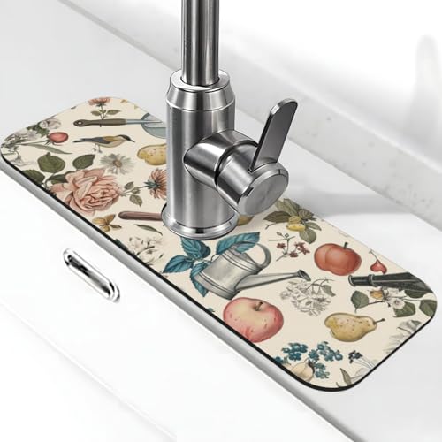 Faucet Draining Mat For Kitchen Sink, Roses Daisies Fruits Garden Diatom Mud Absorbent Drain Pad For Bathroom Kitchen Sink Splash Guard Drying Mat - color: Roses Daisies Fruits Garden